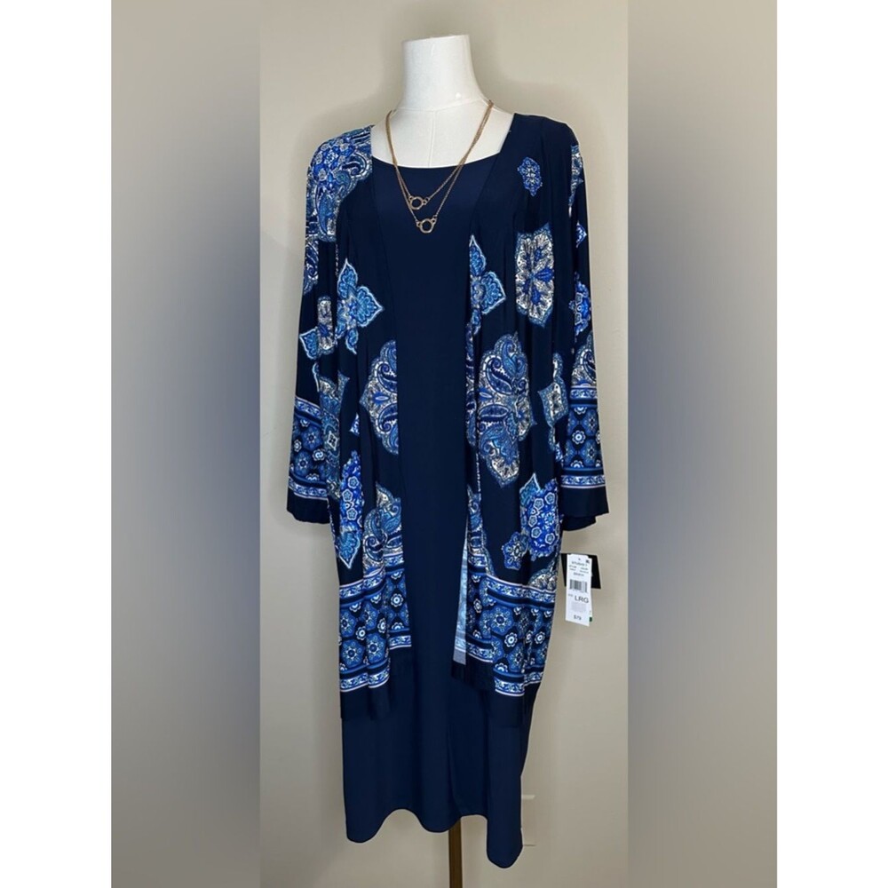 STUDIO ONE NEW YORK Dress Women’s Large Navy/Blue Floral Long Sleeve